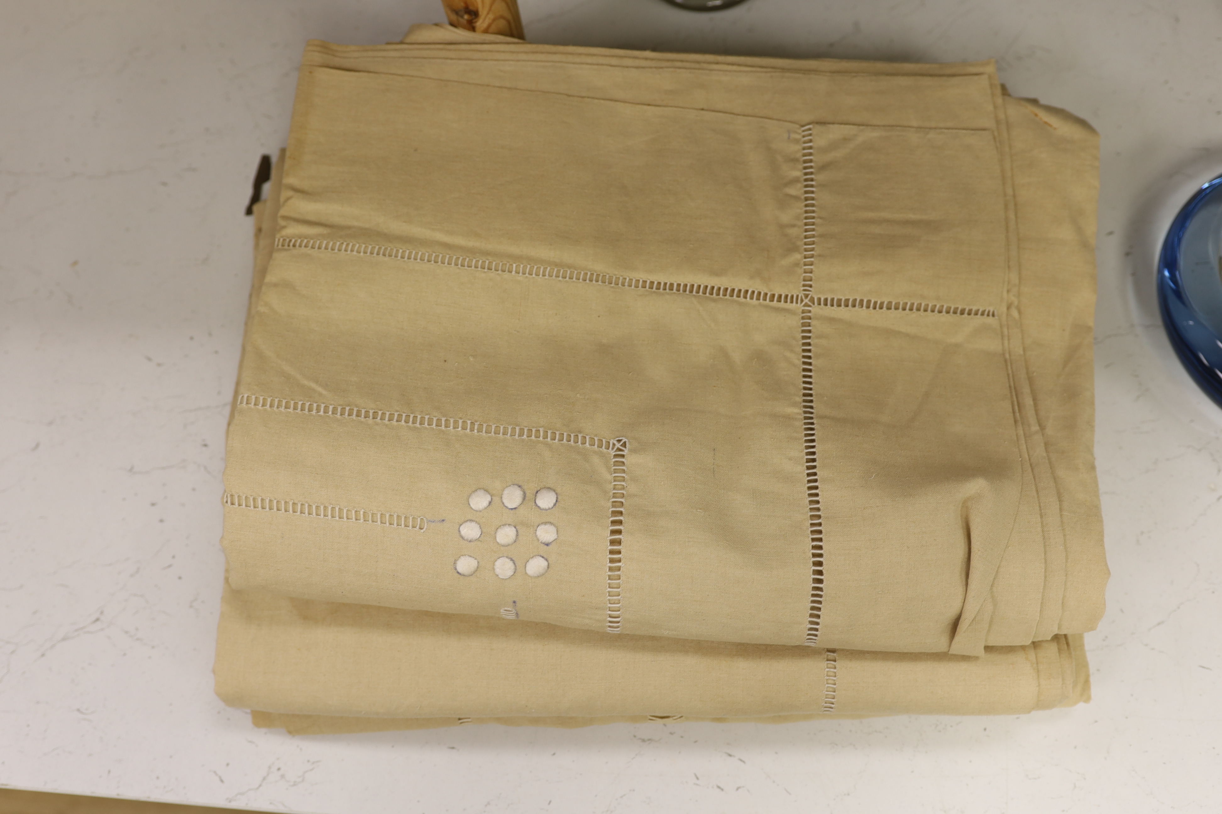Four French Provincial coarse cream linen sheets, with white embroidered and monogrammed turn back tops